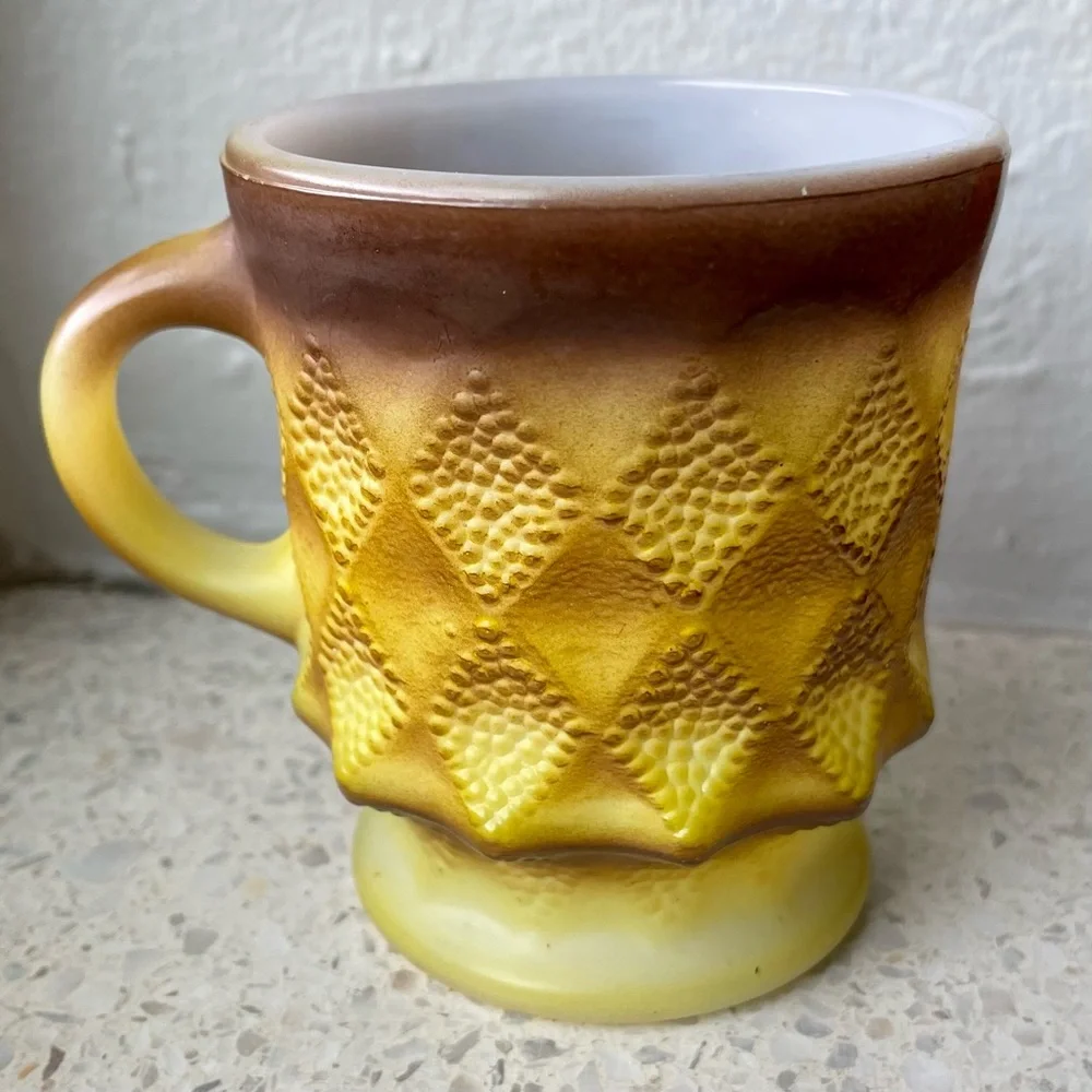 Vintage Fire King Yellow & Brown Diamond Pattern Coffee Mug Milk Glass Anchor - Picture 1 of 7